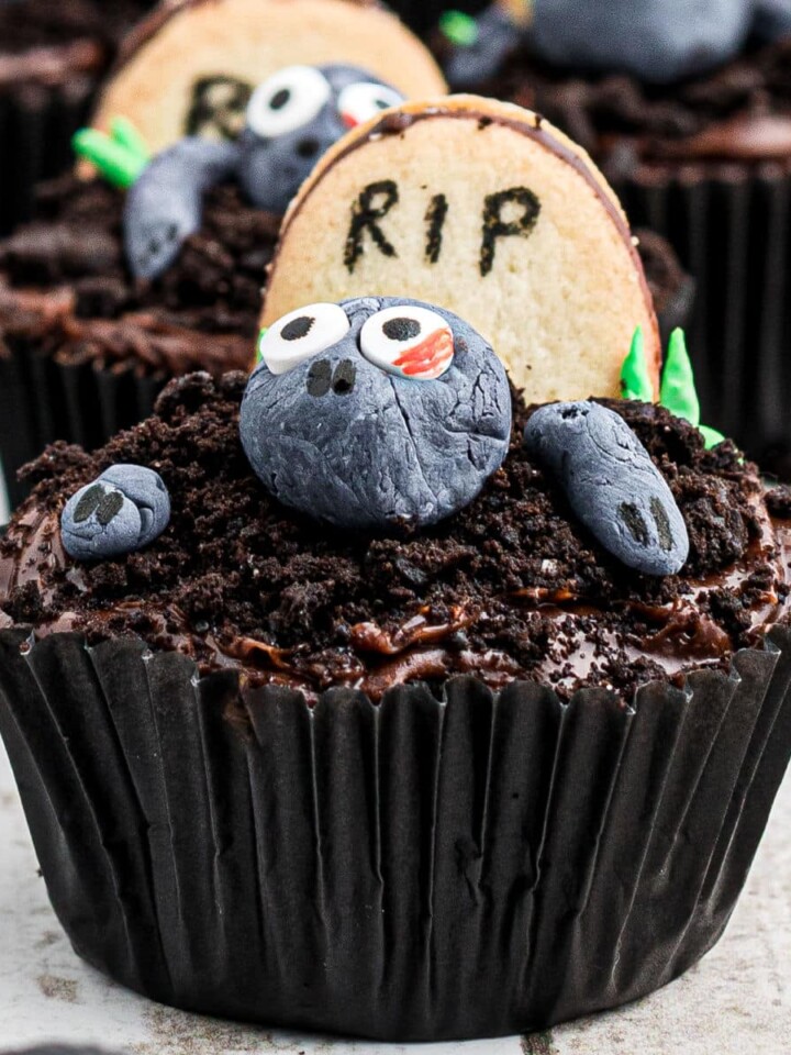 Close up of a zombie cupcake.