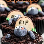Close up of zombie cupcakes with text overlay for pinterest.