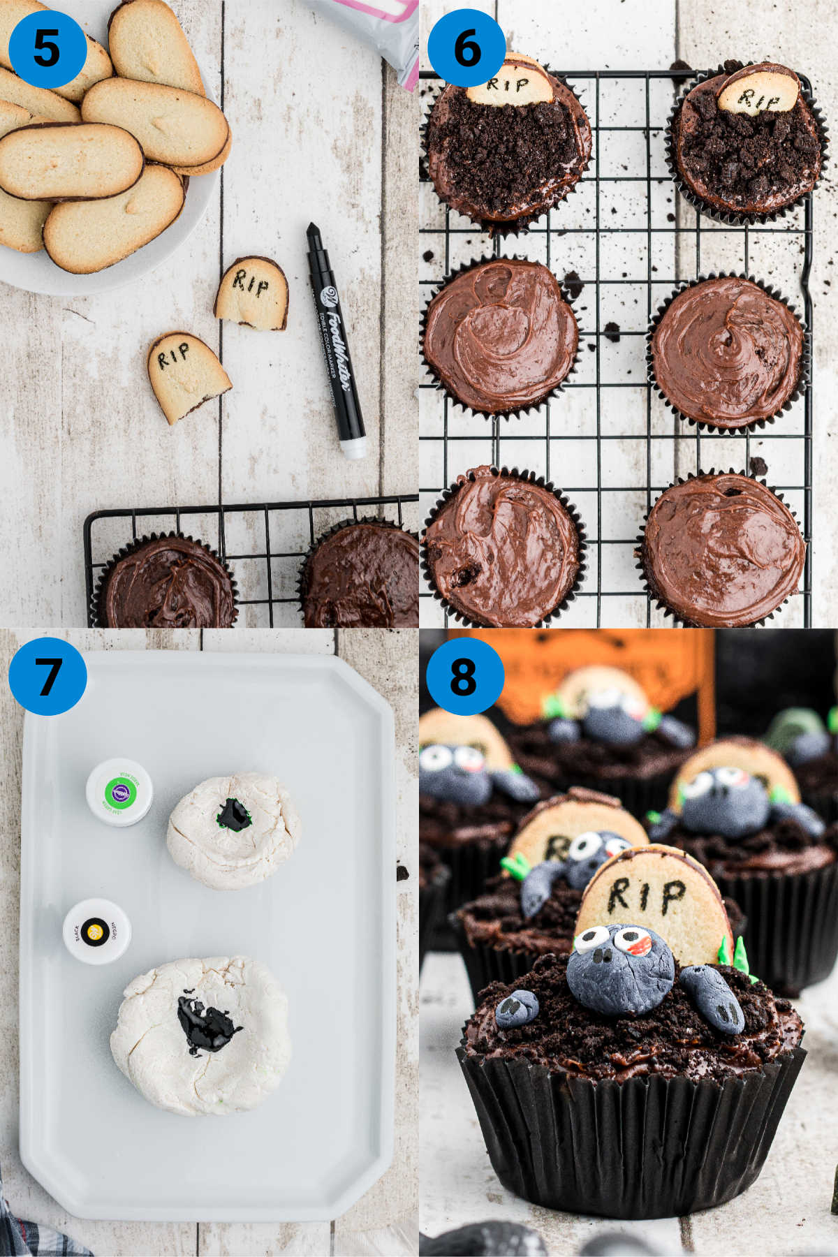 A collage of 4 images, recipe steps for making zombie cupcakes.