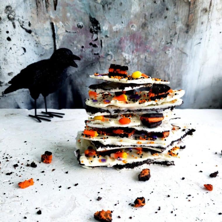 halloween bark stacked in a pile.