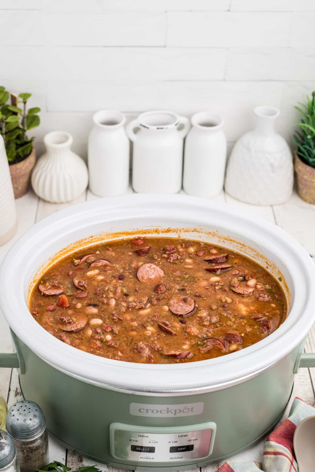 Front on view of a slow cooker Cajun 15 Bean soup.