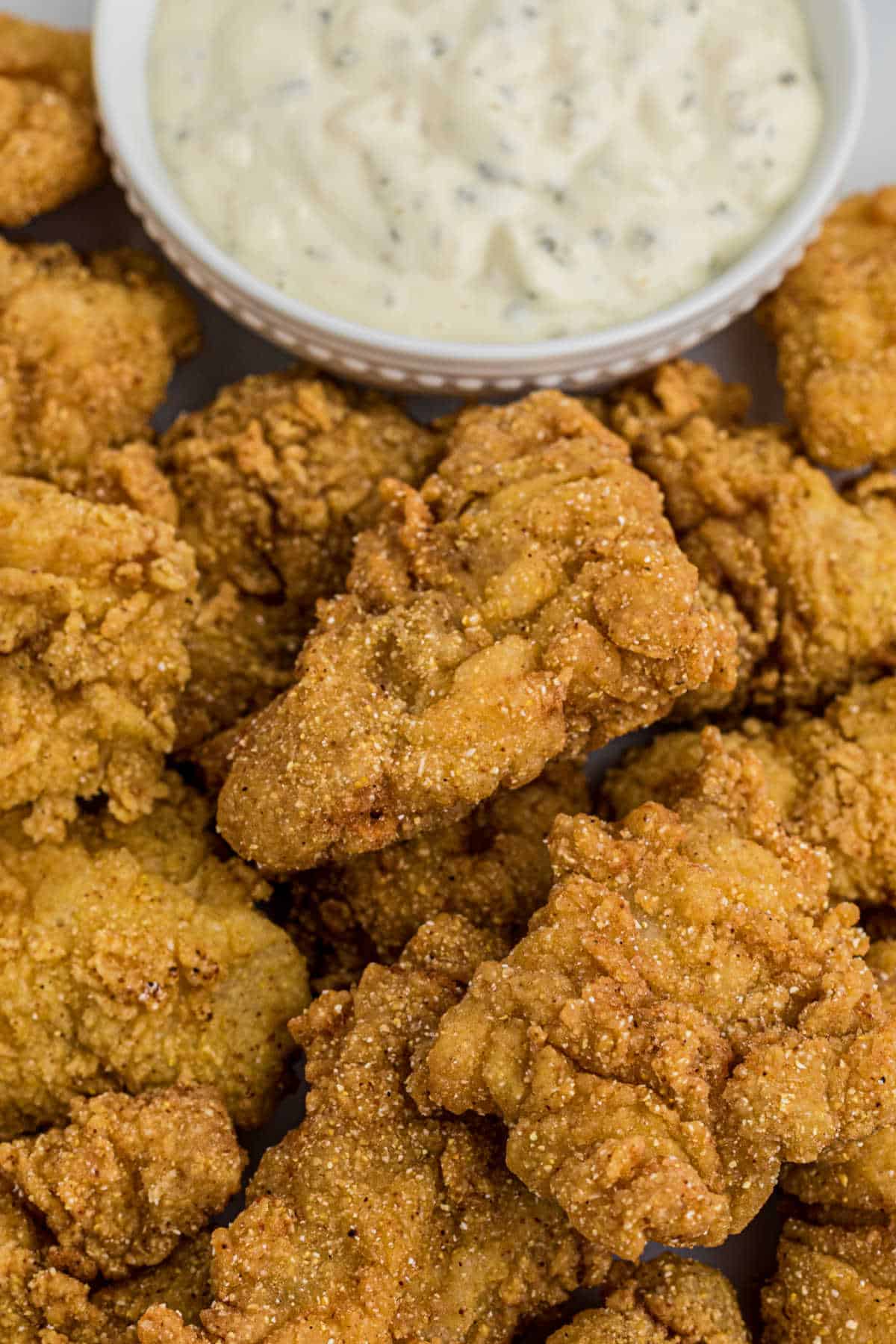 A close up of some Cajun fried fish with a dip on the side.