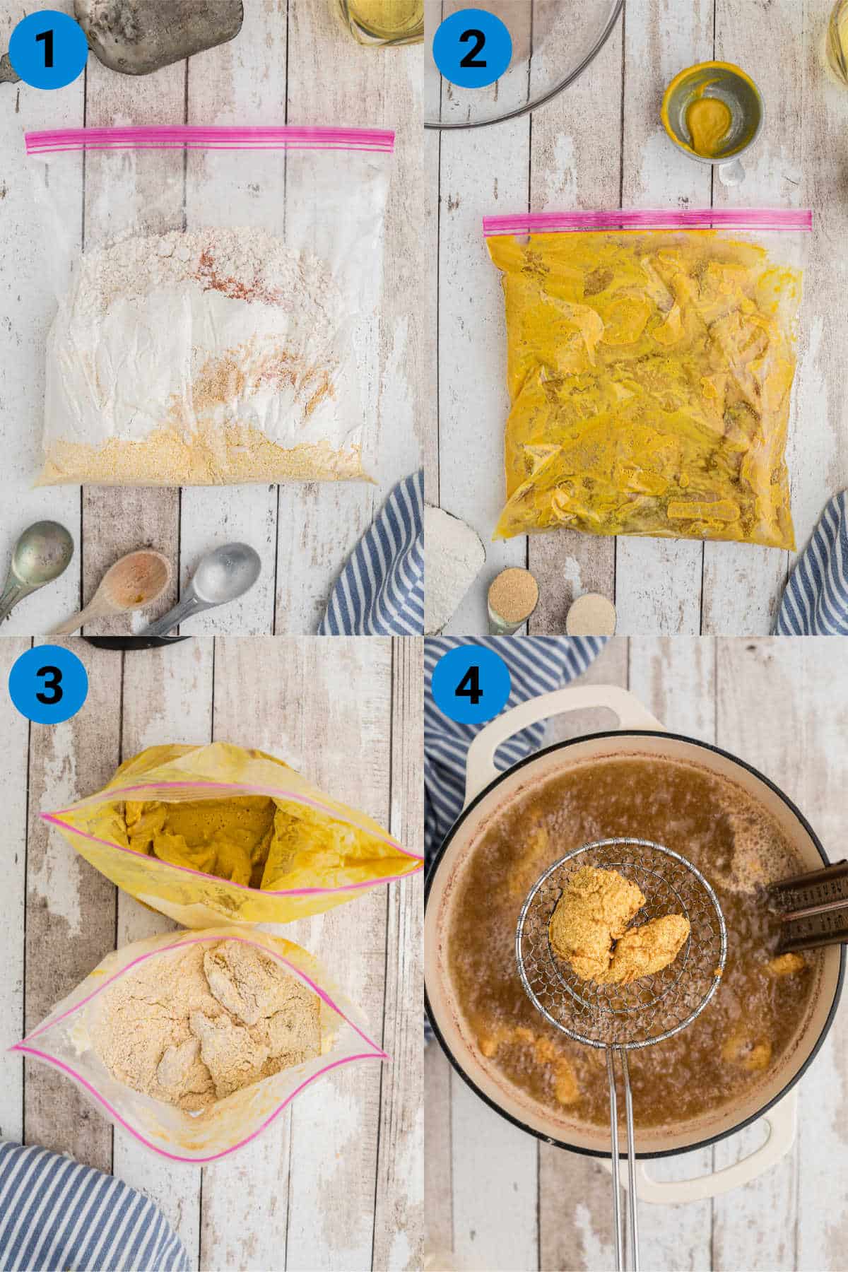 Collage of four images showing how to make a cajun fish fry.
