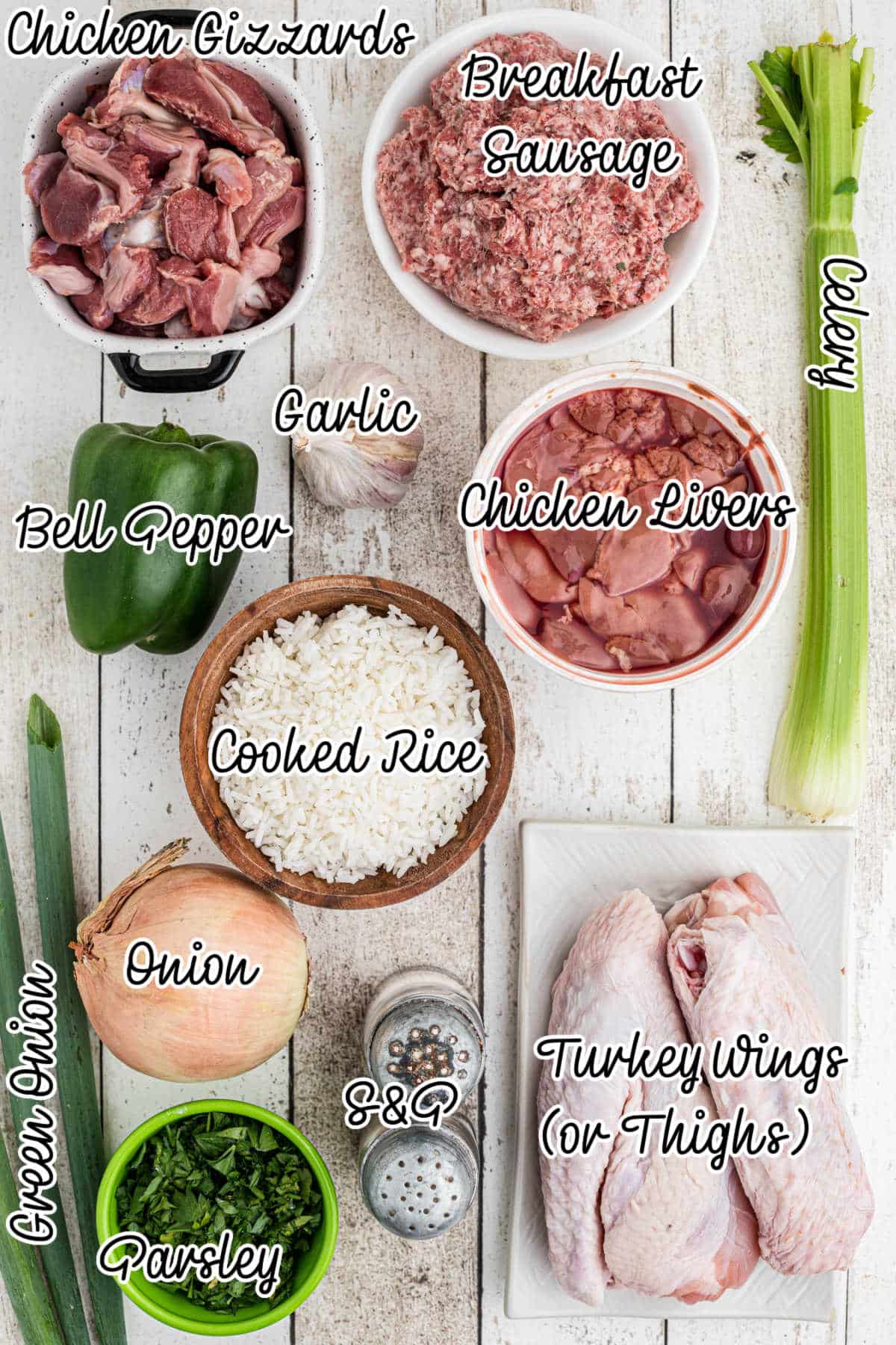 Overhead shot of ingredients needed to make a Cajun rice dressing.