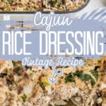 A long pin with two images of Cajun rice dressing with text overlay for pinterest.