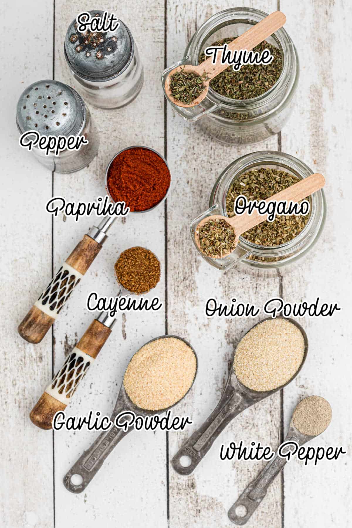 overhead view of ingredients needed to make a Cajun two step seasoning recipe.