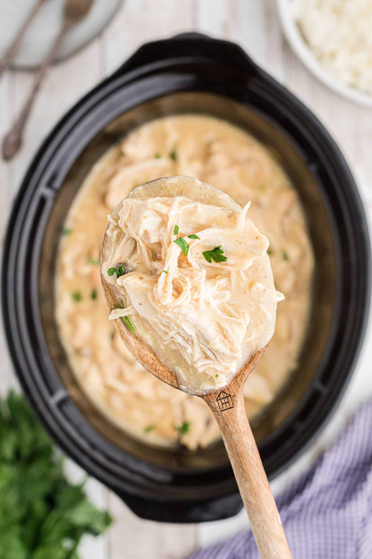 A spoon up close with chicken and gravy on it with a crock pot underneath.