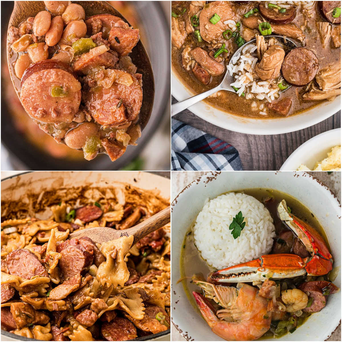 A collage of four images showing different dishes with smoked sausage.