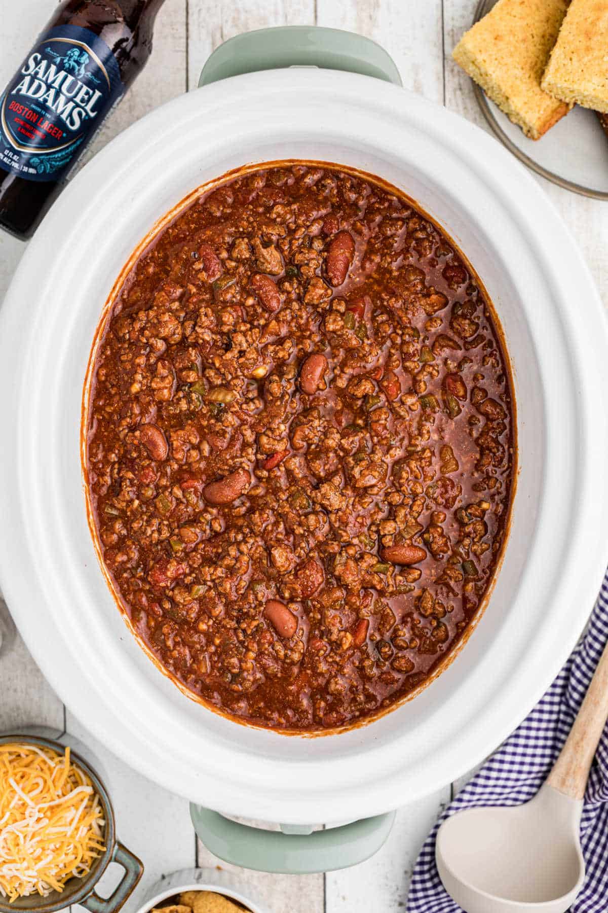 Overhead shot of a crock pot of chili.