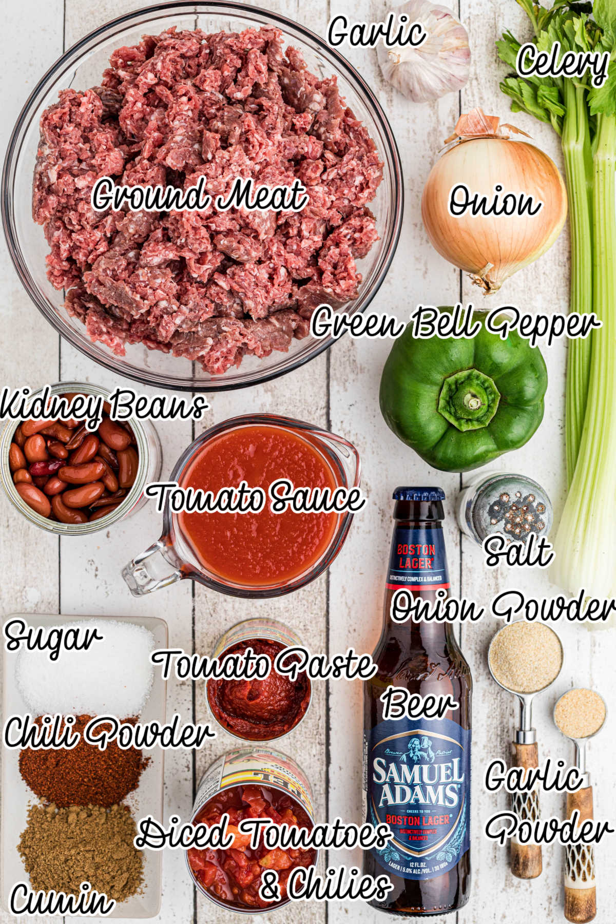 Ingredients all laid out showing what will be needed to make a crock pot beer chili recipe.