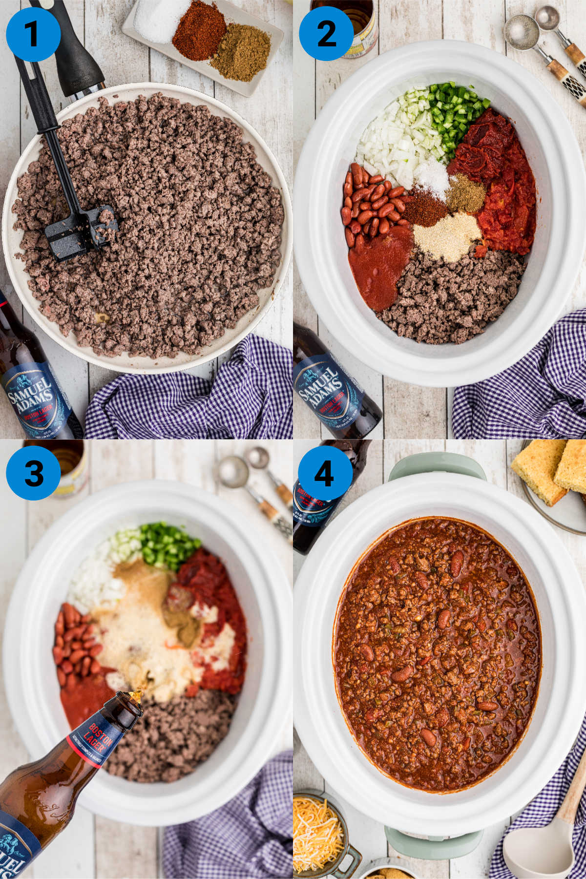 A collage of four images showing how to make a crock pot beer chili.