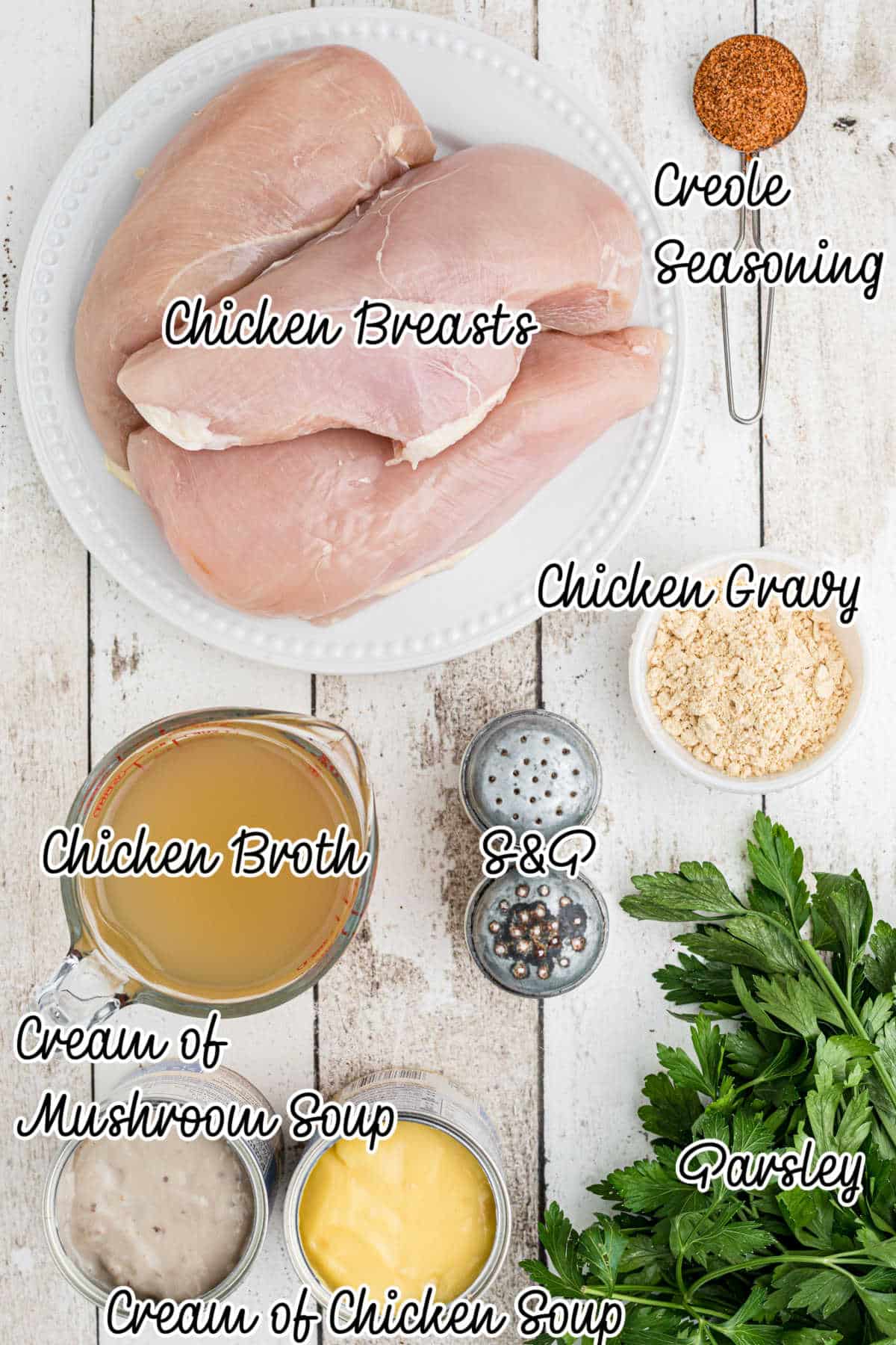 An overhead shot of ingredients needed to make chicken and gravy in crock pot.
