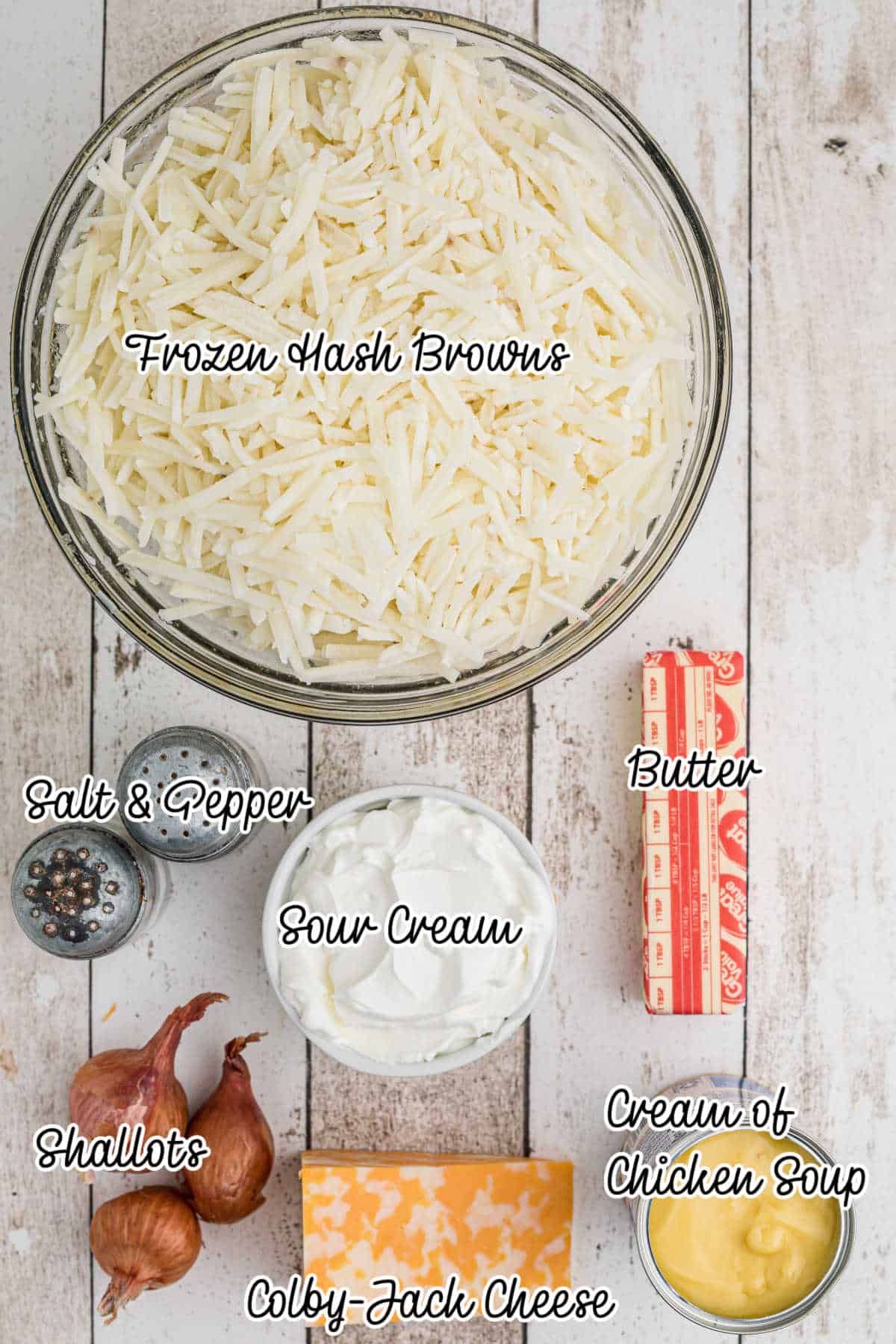 Ingredients needed to make a hash brown casserole recipe.