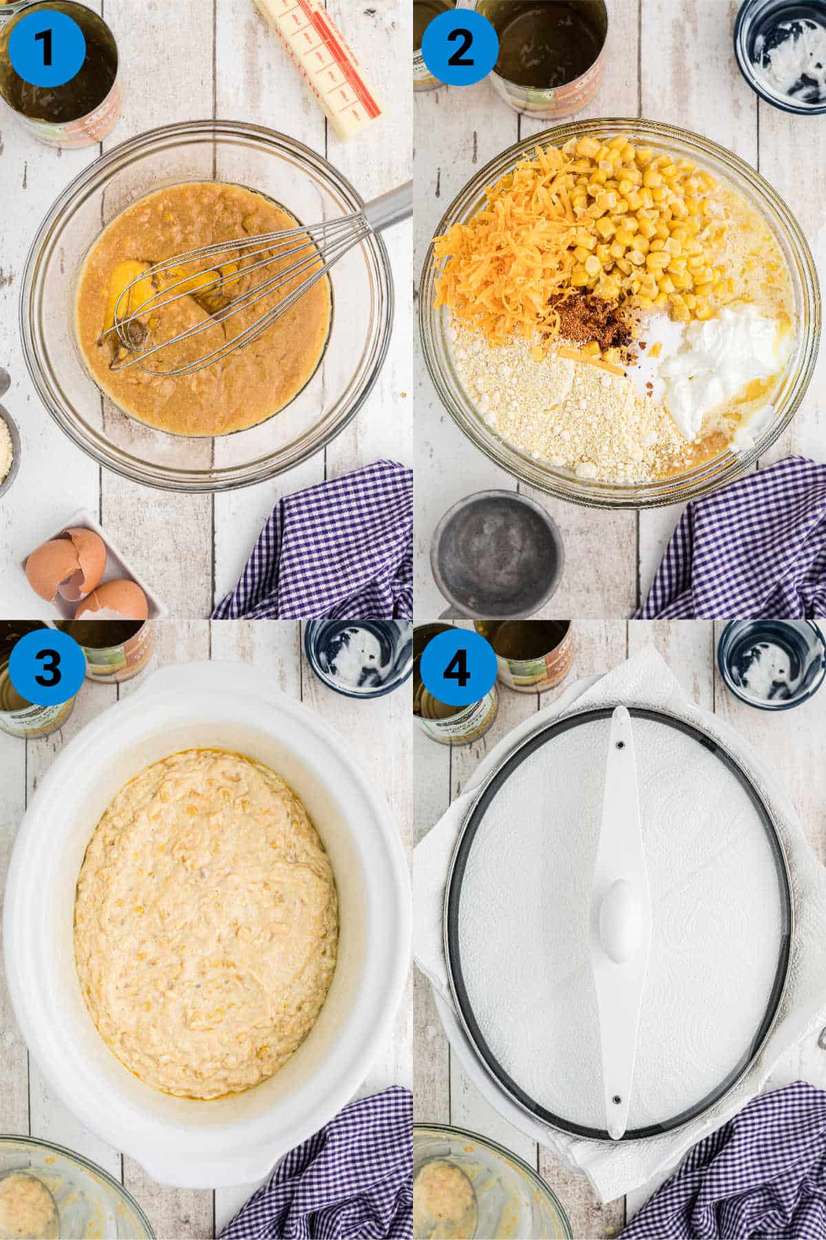A collage of four images showing how to make a Jiffy Corn Casserole in the Crock Pot.