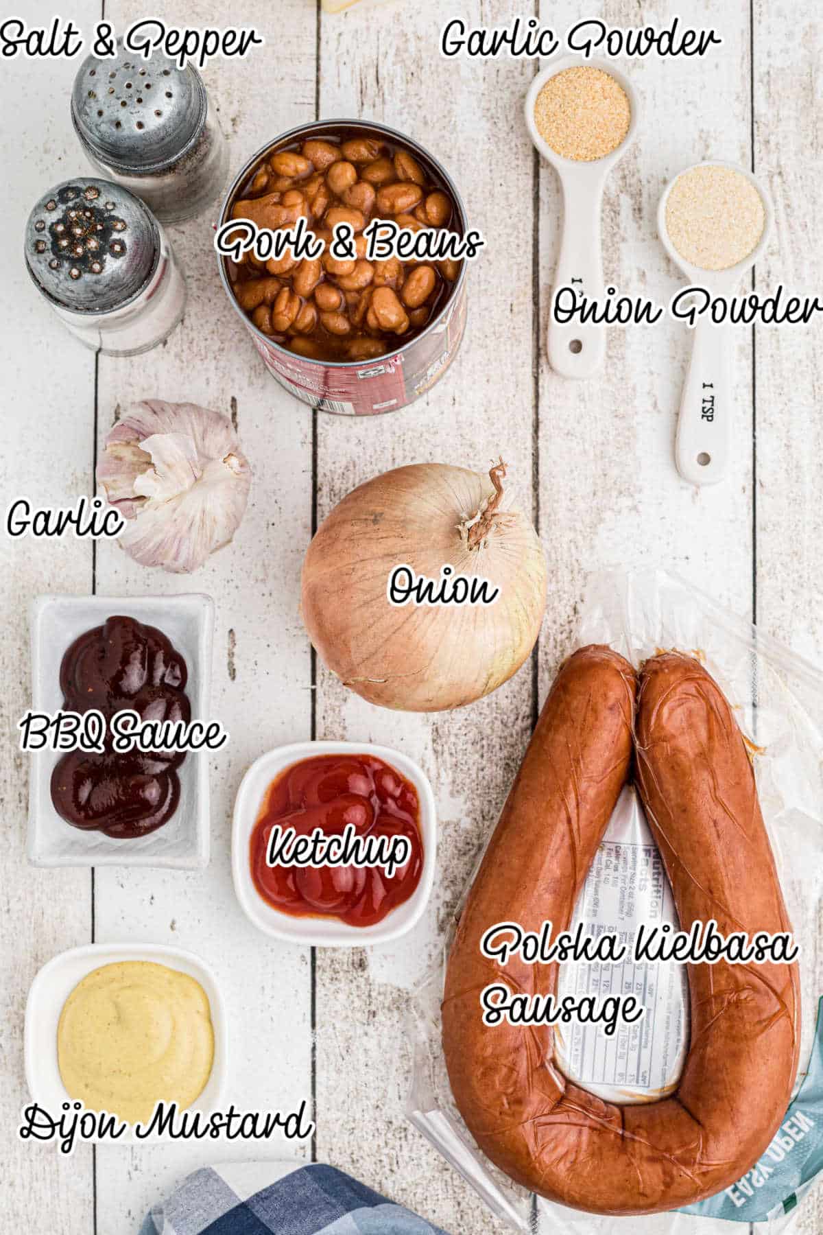 Ingredients needed to make a kielbasa and baked beans recipe.