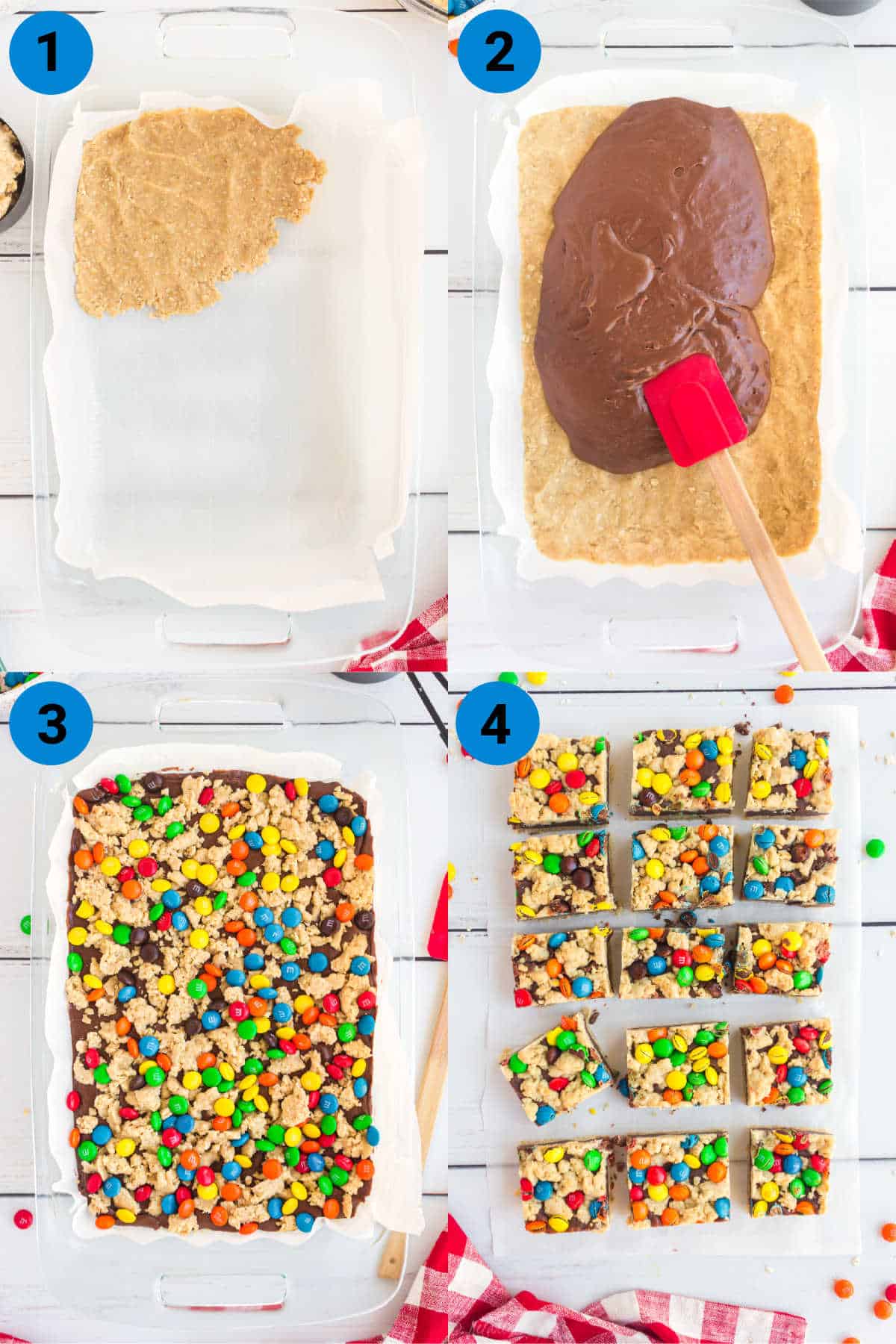 M&M Chocolate Oat bars recipe steps in four images.