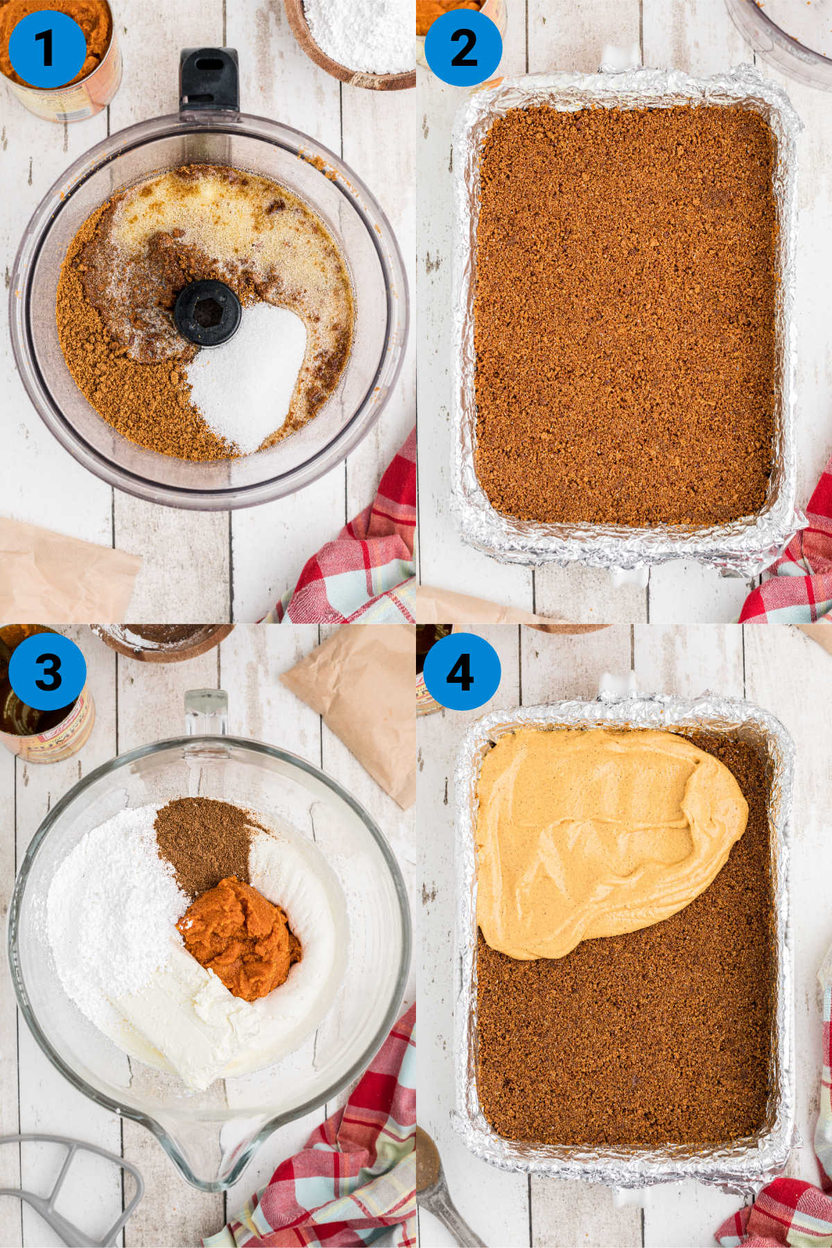 Collage of four images showing no bake pumpkin cheesecake bars recipe steps.