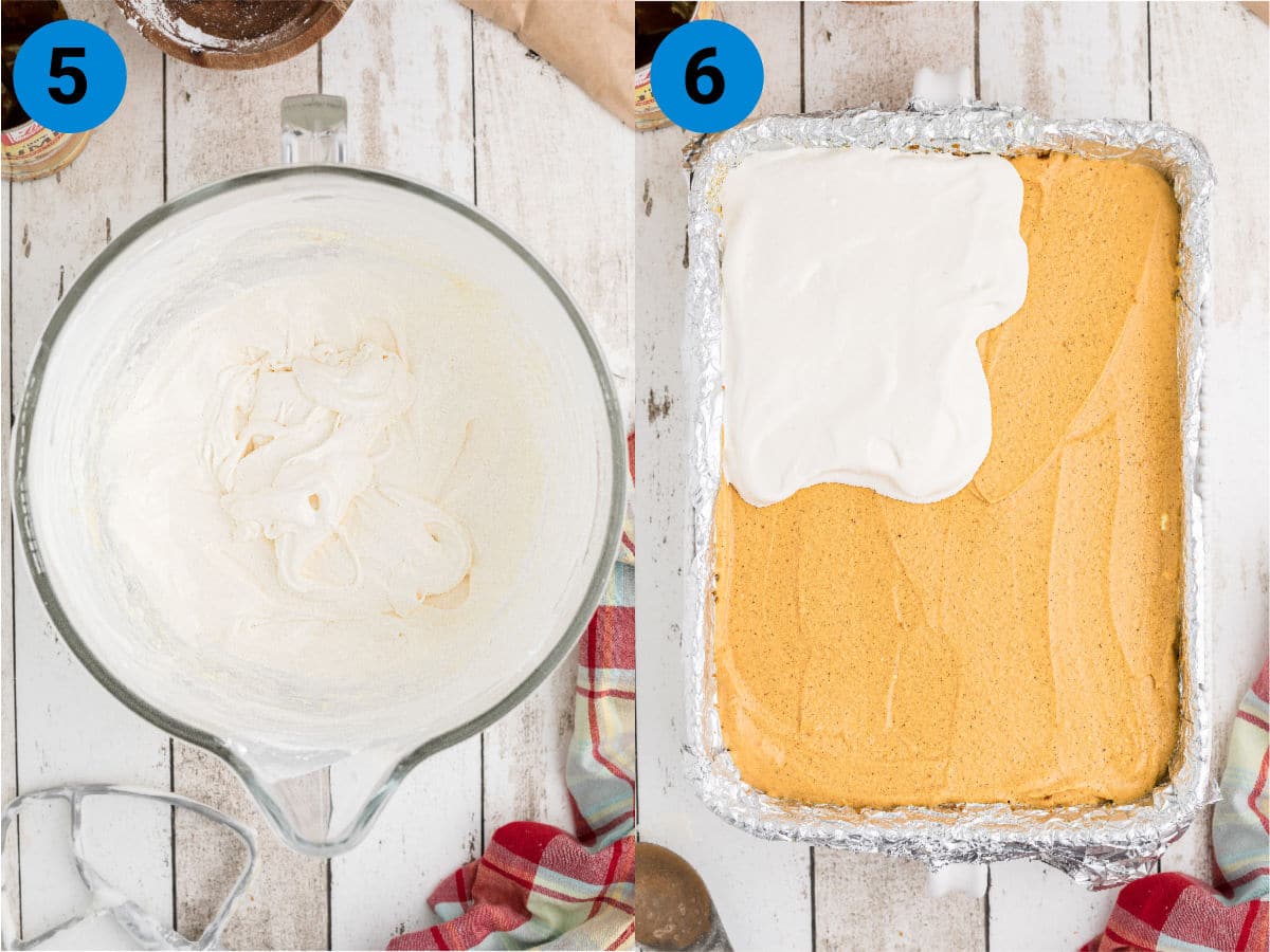 Collage of two images showing how to make no bake cheesecake bars.