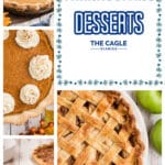 A collage of four images of old fashioned thanksgiving desserts, pies mainly. With text overlay for pinterest.