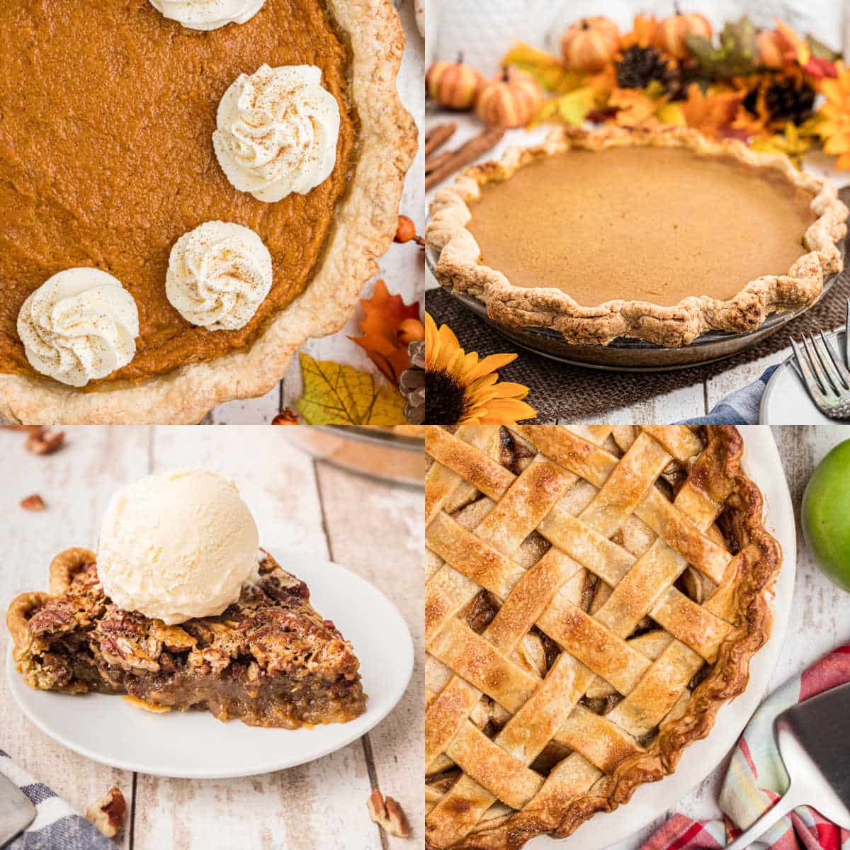 A collage of four images showing some great old fashioned pies, like pumpkin pie, for Thanksgiving desserts.
