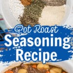 Long collage of 2 imags showing a bowl full of seasonings and a slow cooker with a pot roast. There's text overlay for pinterest.