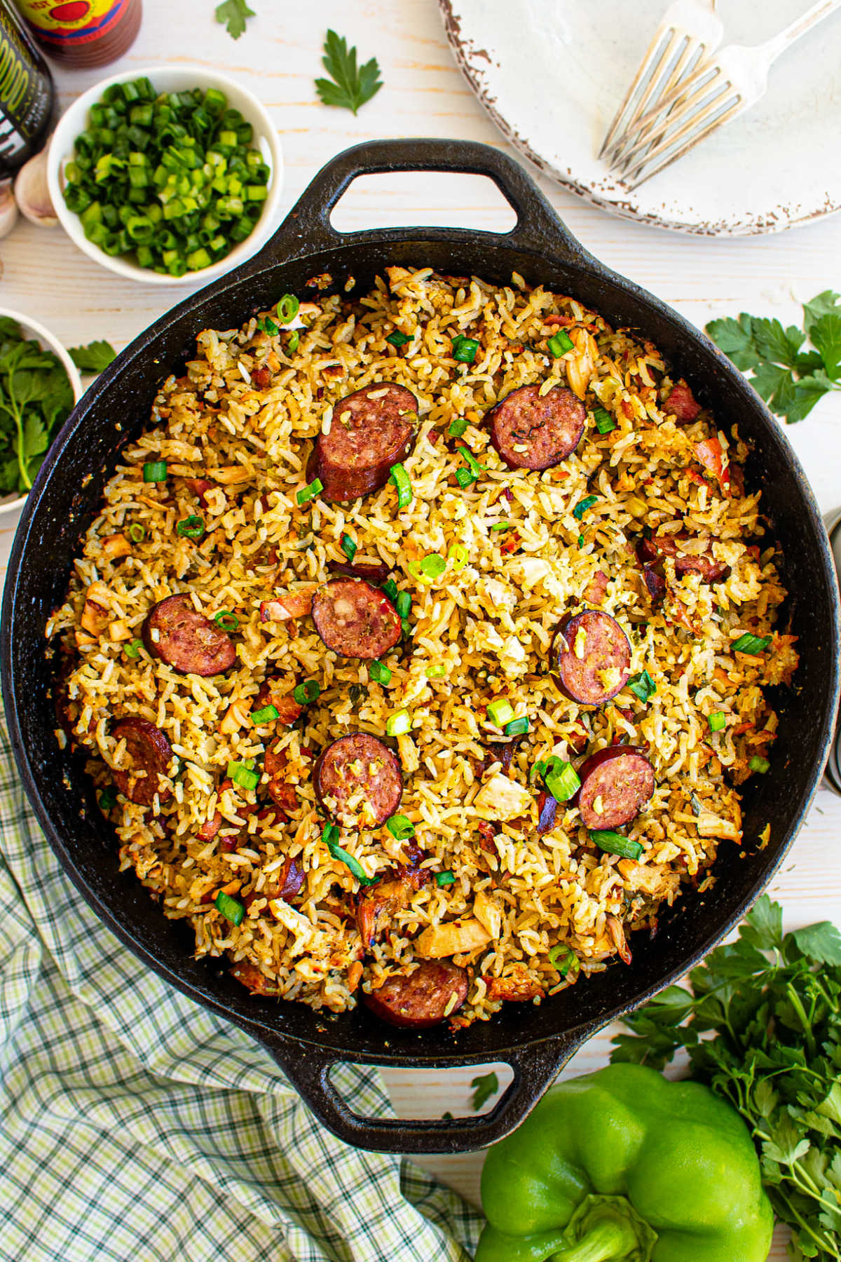 Overhead shot of the entire pot of Cajun Jambalaya.