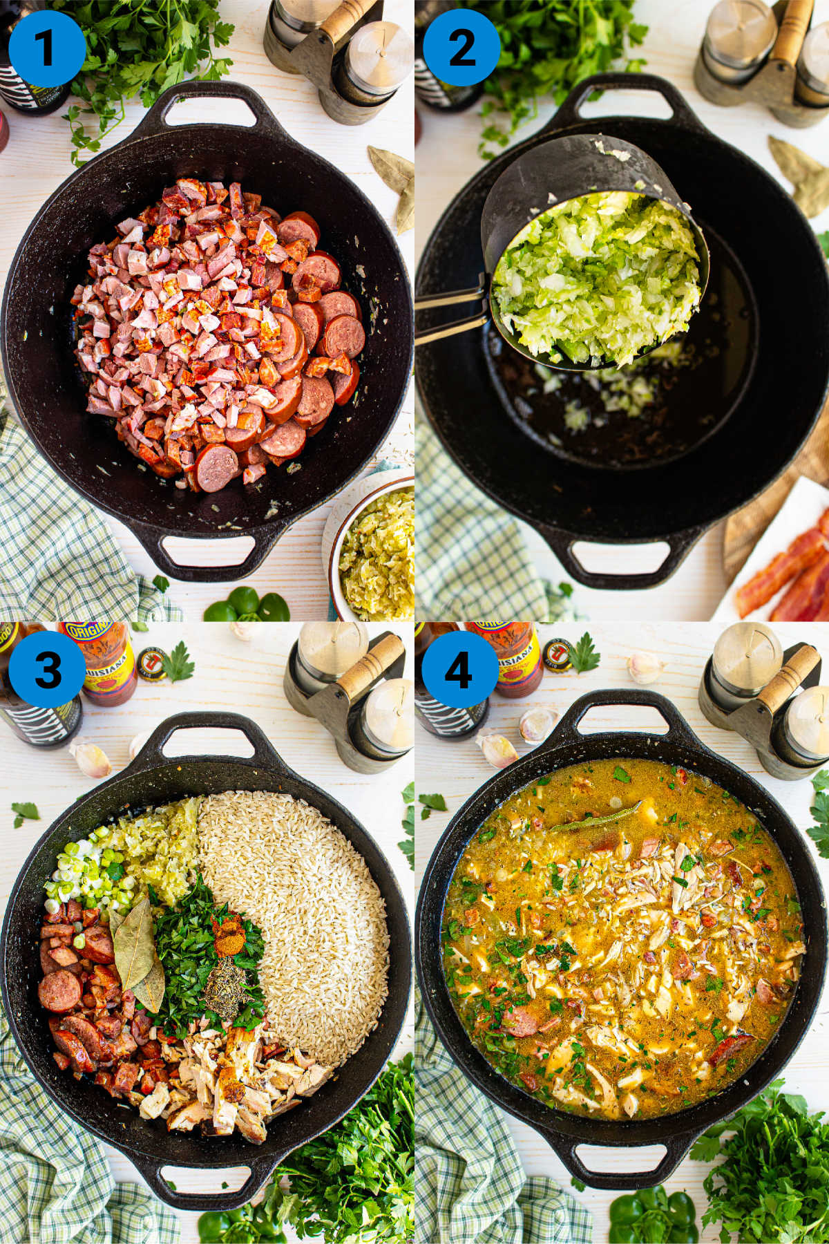 A collage of four images showing how to make a real Cajun Jambalaya.