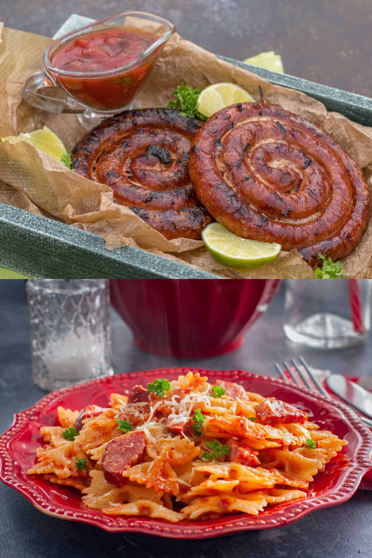 Two images showing smoked sausage cooked in different ways.