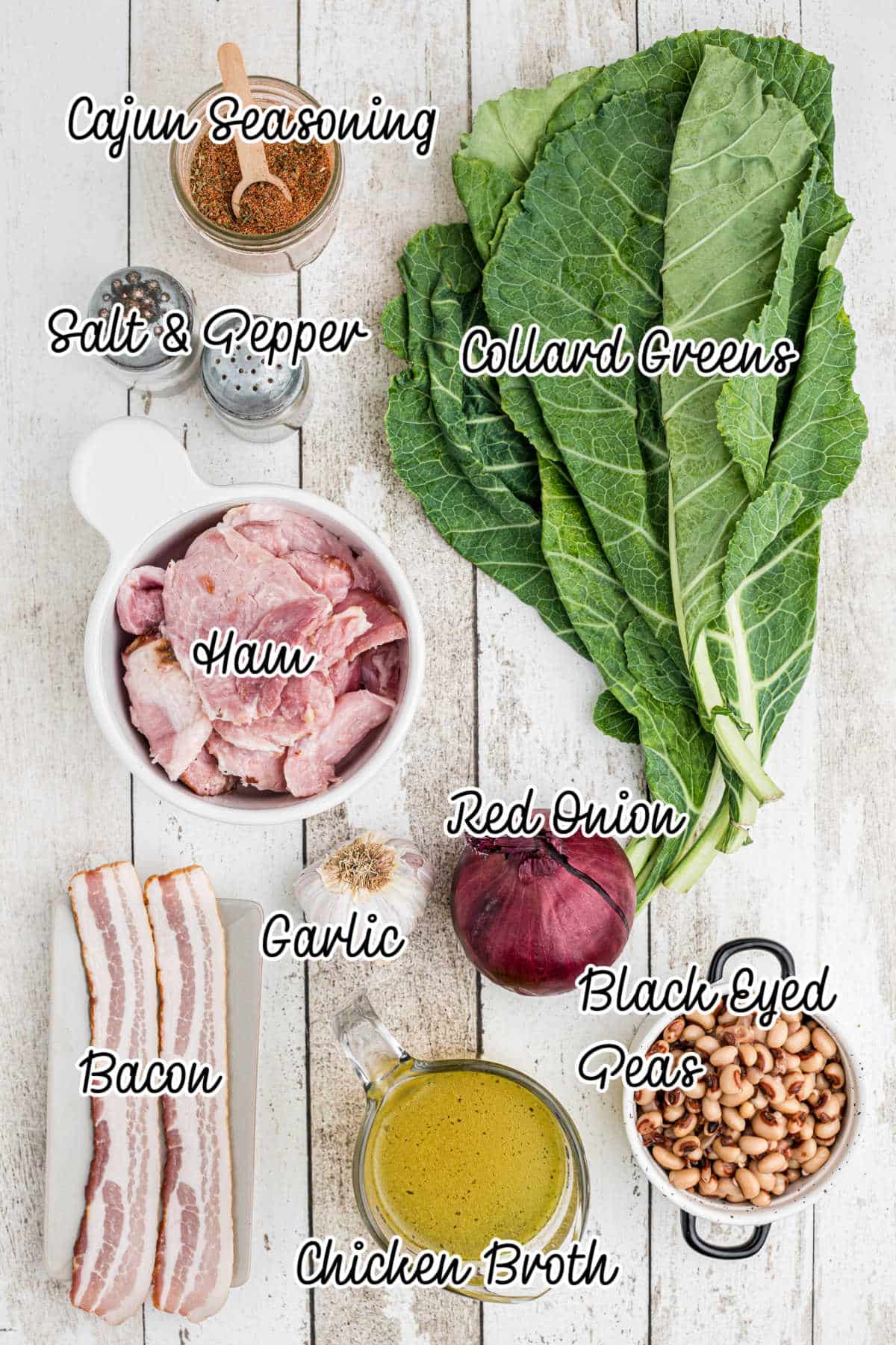Ingredients laid out showing what would be needed to make a Southern Black Eyed Peas and Collard Greens Recipe.