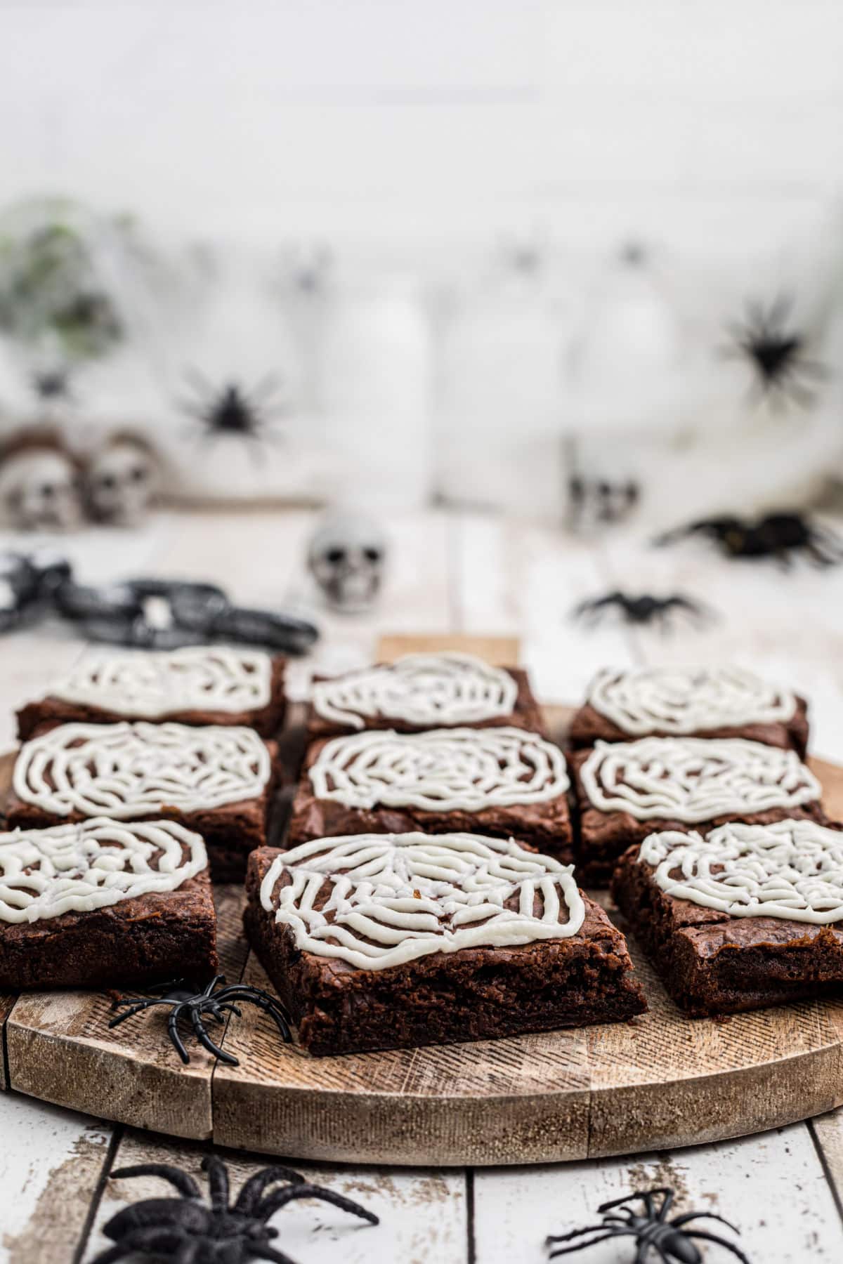 Side view of a board with brownies surrounded by spiders.