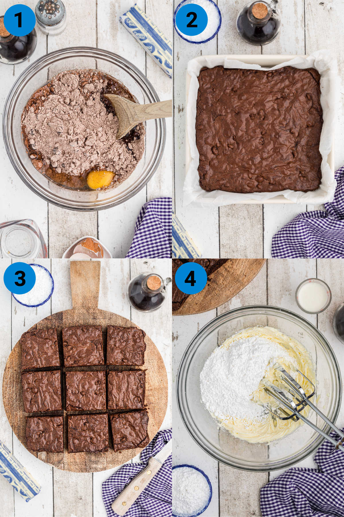 collage of four images showing how to make spider web brownies.