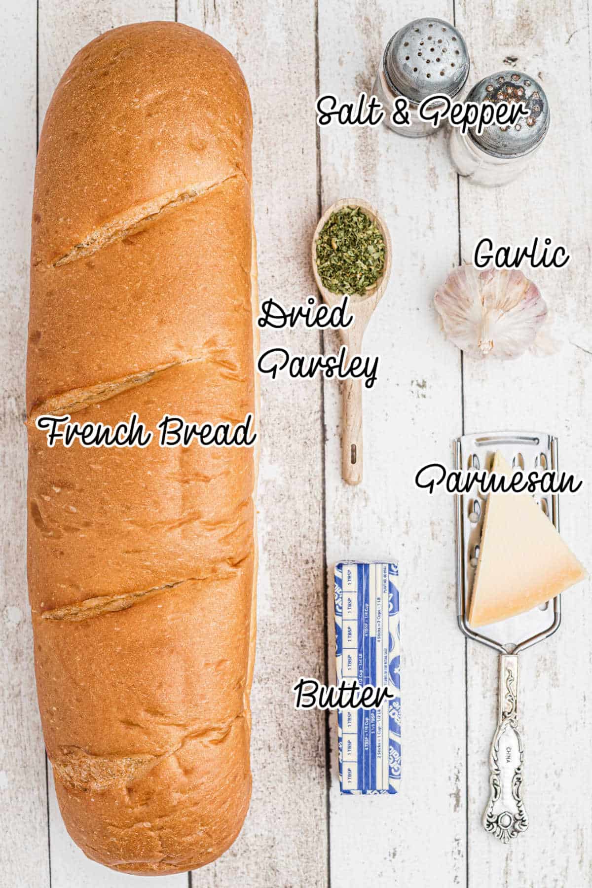 Stuffed garlic bread ingredients laid out with text overlay.