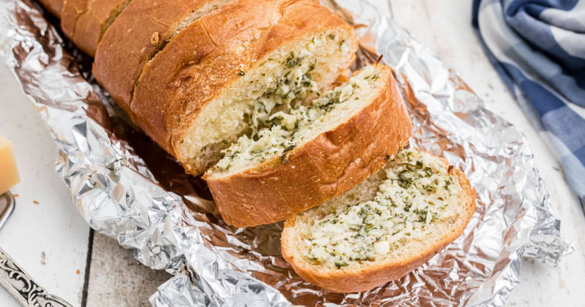 close up of a stuffed garlic bread.