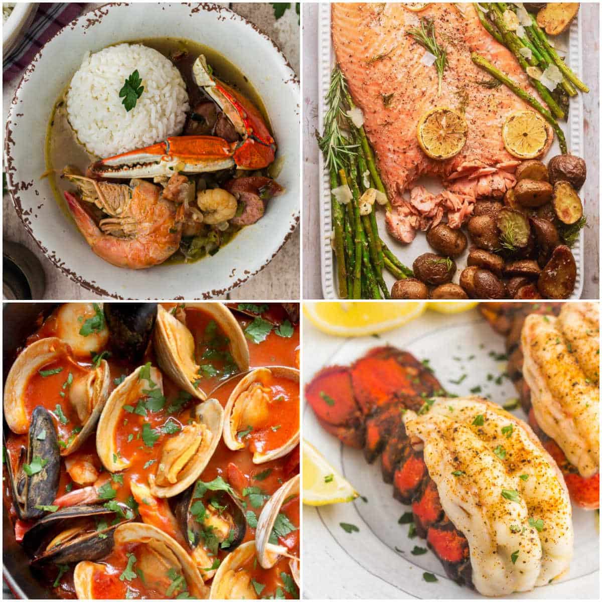 A square collage of four images of seafood.