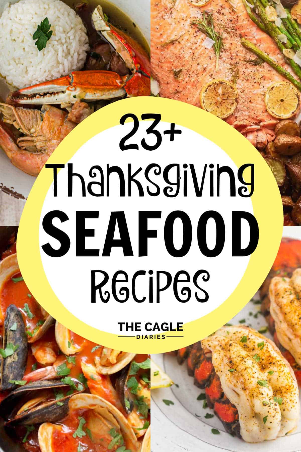 A collage of four images of thanksgiving seafood recipes with a circle with text inlay.