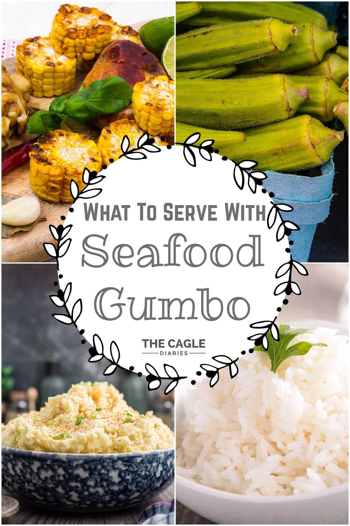 A collage of four images with a bowl of rice, potato salad, okra and grilled corn - showing what should be served with seafood gumbo.