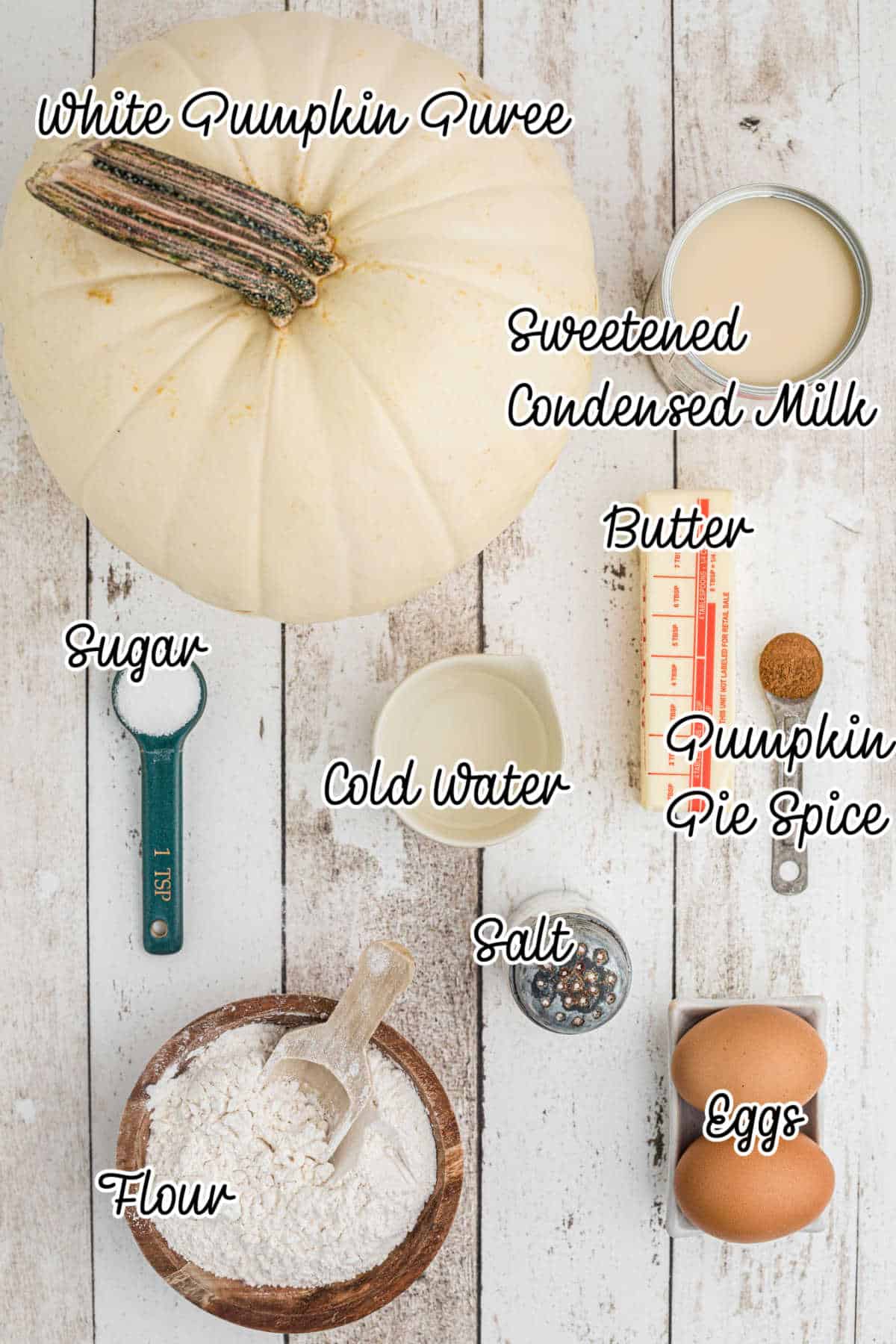 Ingredients needed all laid out showing what is needed to make a white pumpkin pie.