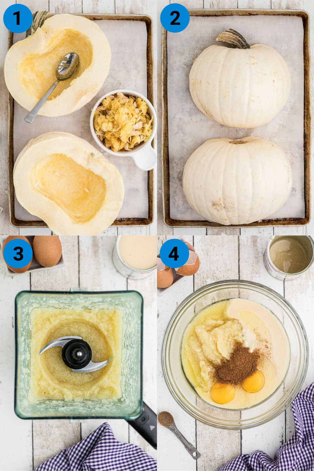 Four images showing how to make white pumpkin pie puree.