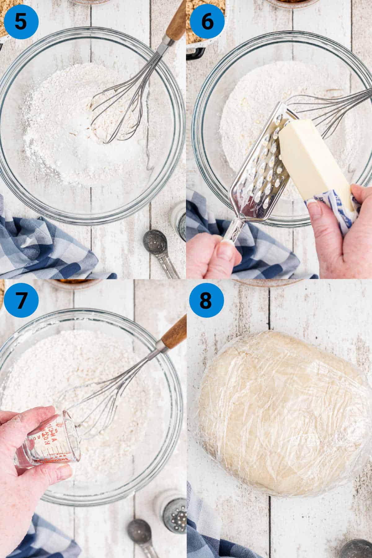 A collage of four images showing recipe steps on how to make a white pumpkin pie crust.
