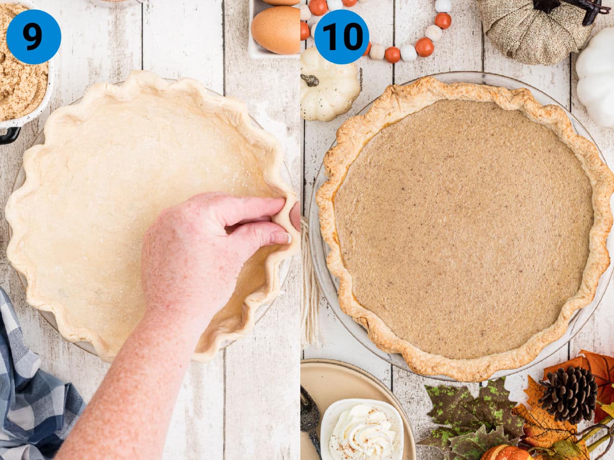 A collage of 2 images showing how to make a white pumpkin pie