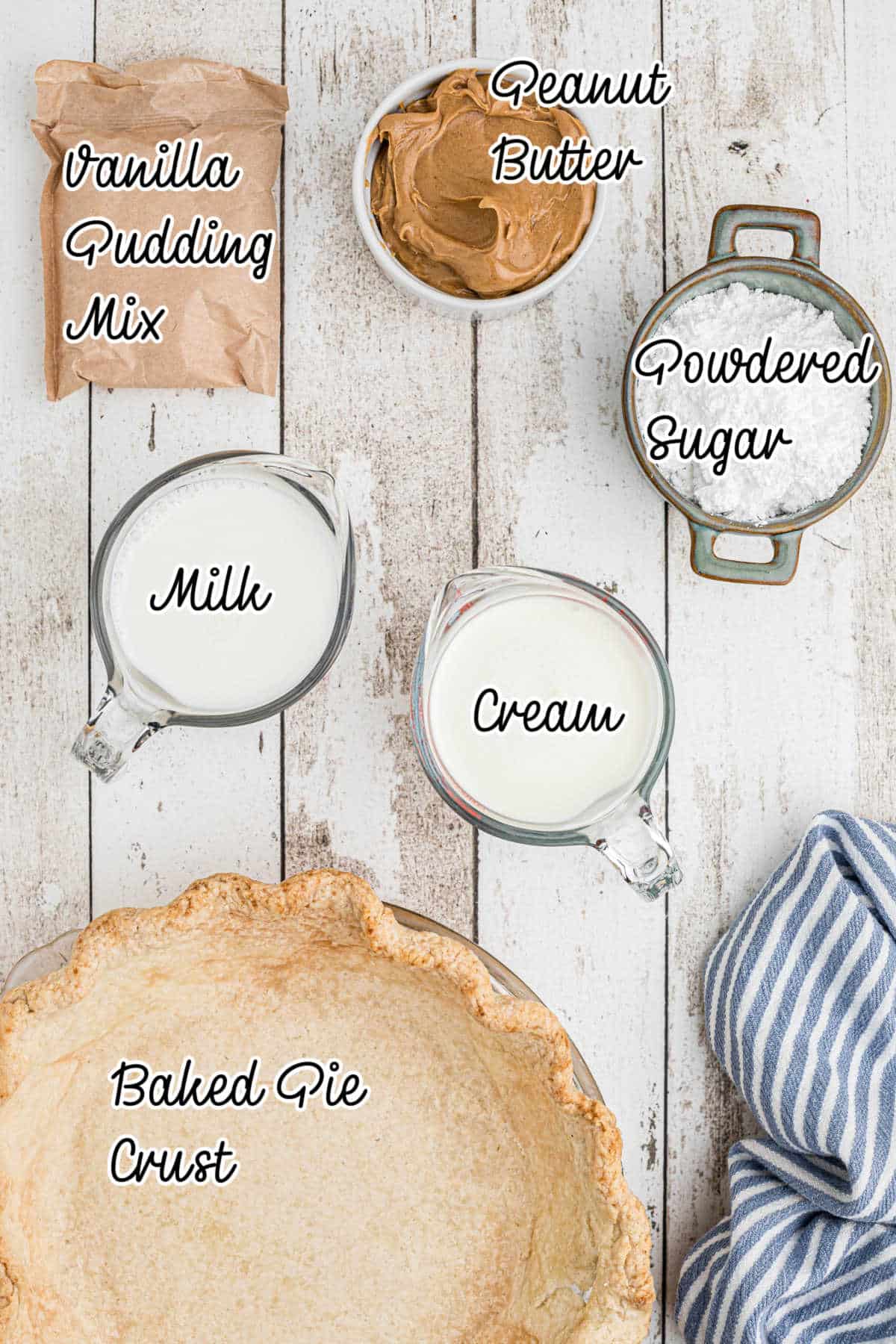 Ingredients needed to make an Amish peanut butter pie with text overlay.