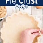 An Amish Pie Crust being shaped in a dish with text overlay.