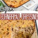 Long image with two images in a collage of southern cornbread dressing with a text overlay for pinterest.