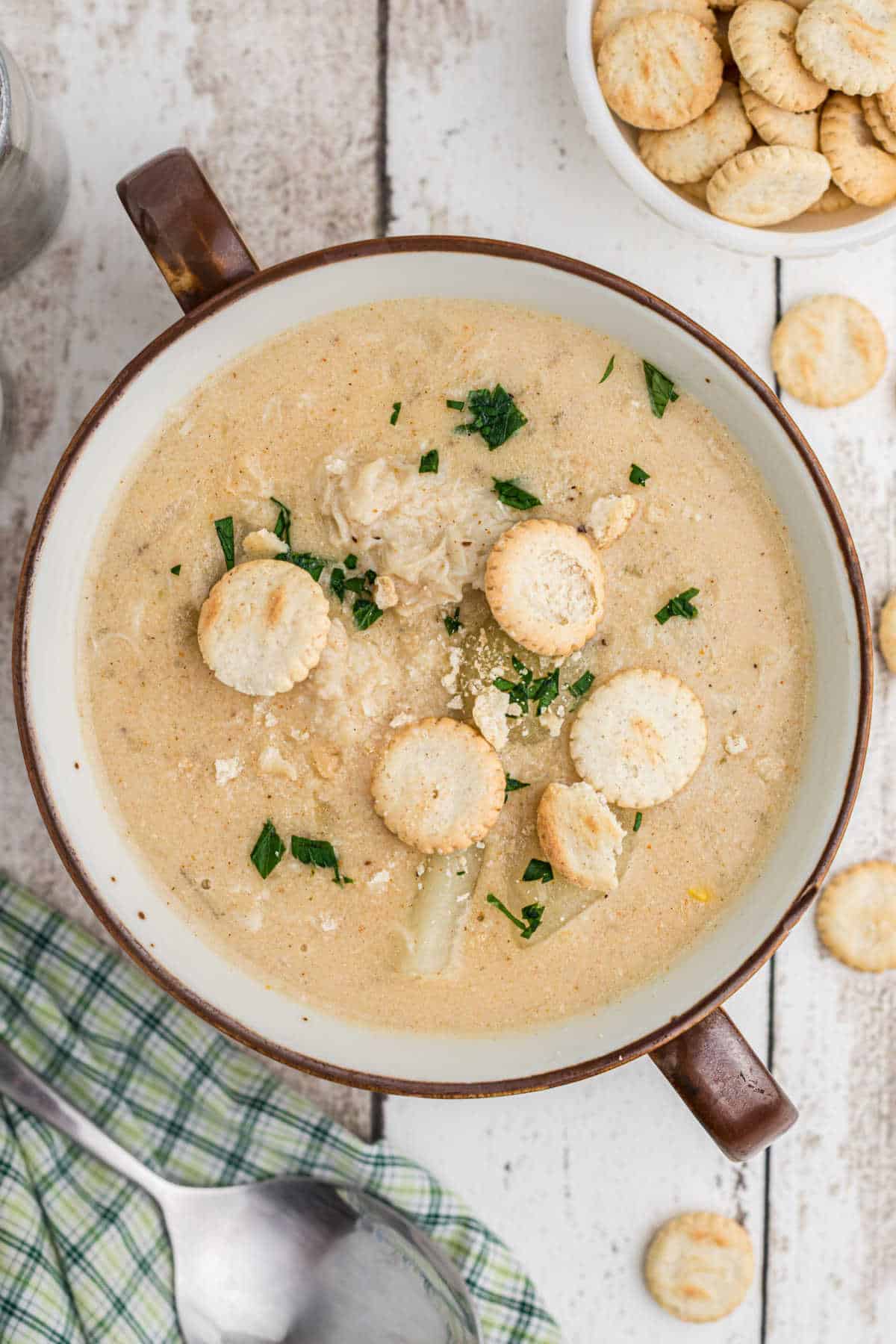 Overhead shot of a crab chowder.