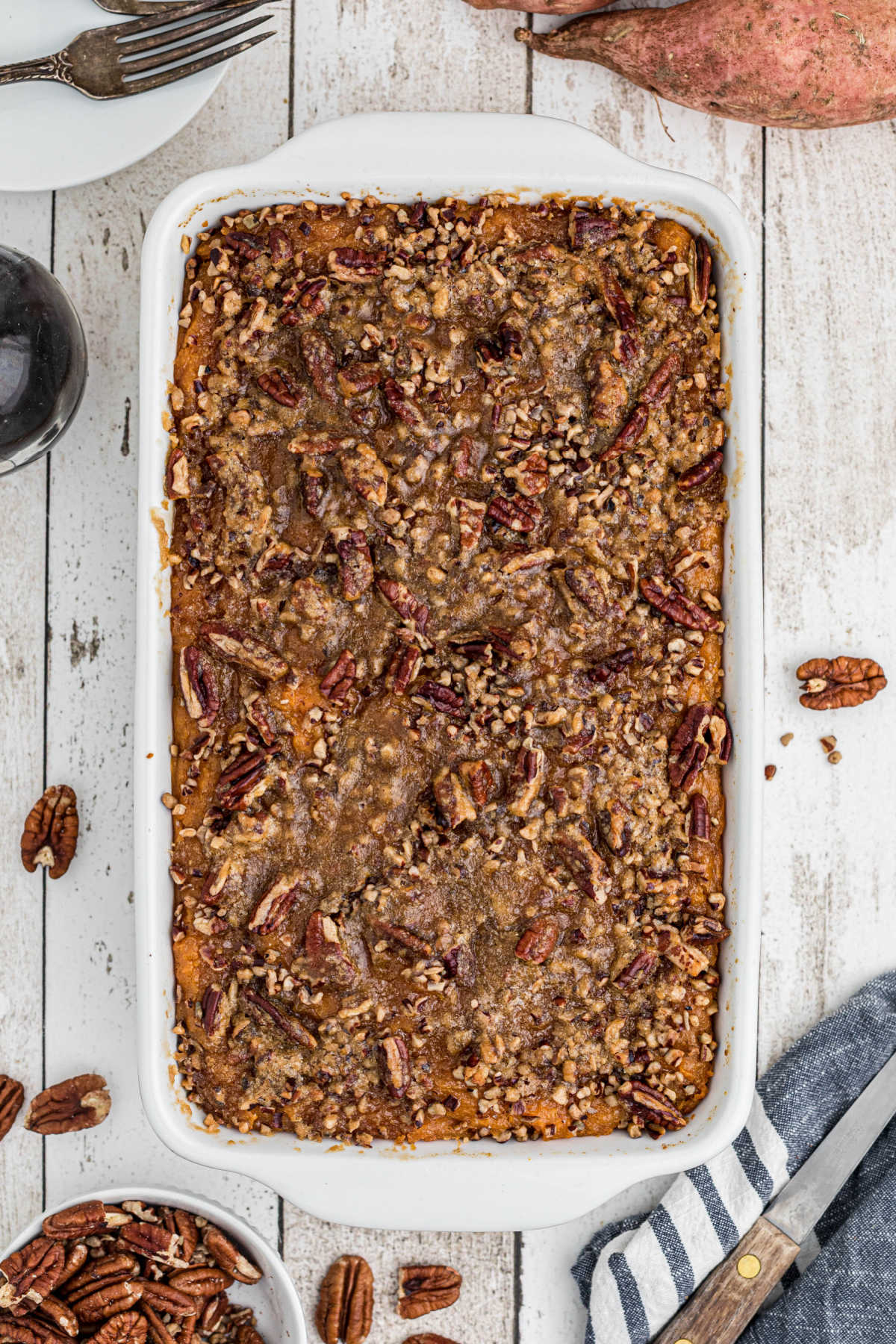 Overhead straight on shot of a dish sweet potato casserole.