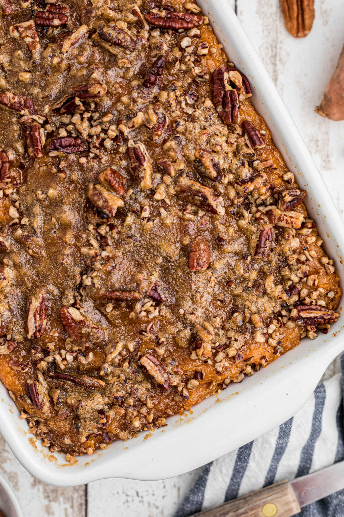 Overhead shot of a dish of sweet potato casserole.