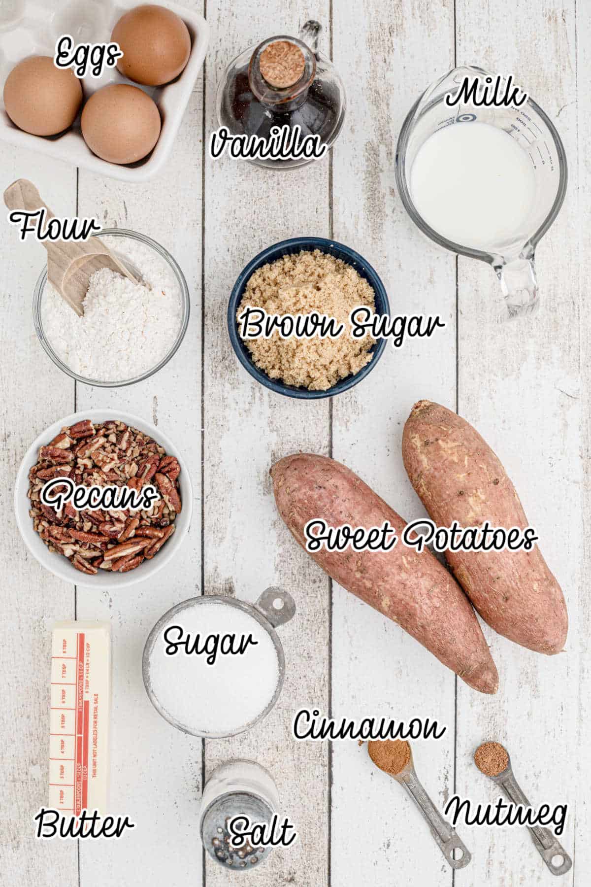 Overhead shot of a group of ingredients needed to make a Cracker Barrel Sweet Potato Casserole.