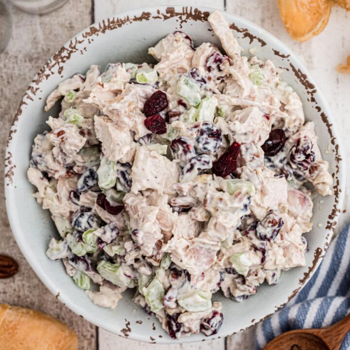 Overhead cropped in shot of a bowl of cranberry pecan chicken salad.