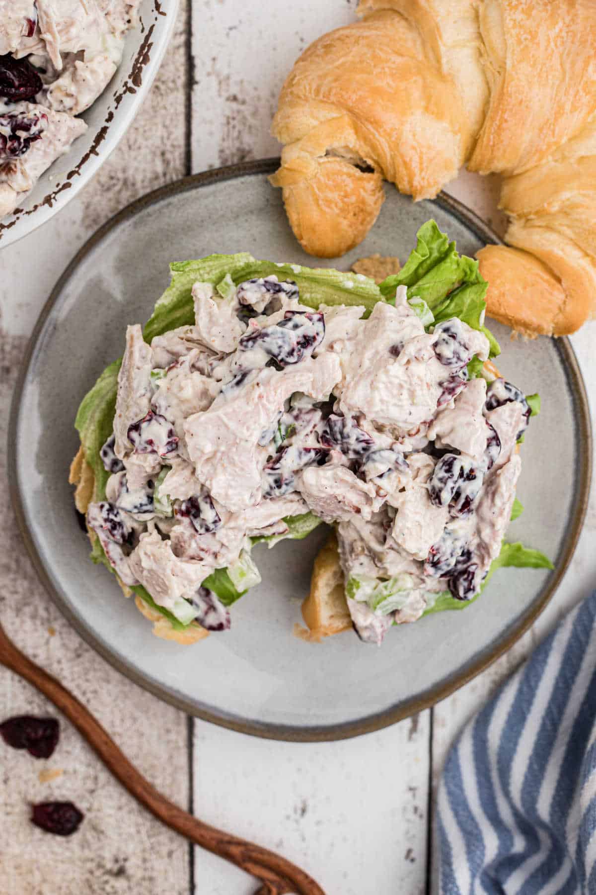 A cranberry pecan chicken salad on a croissant.