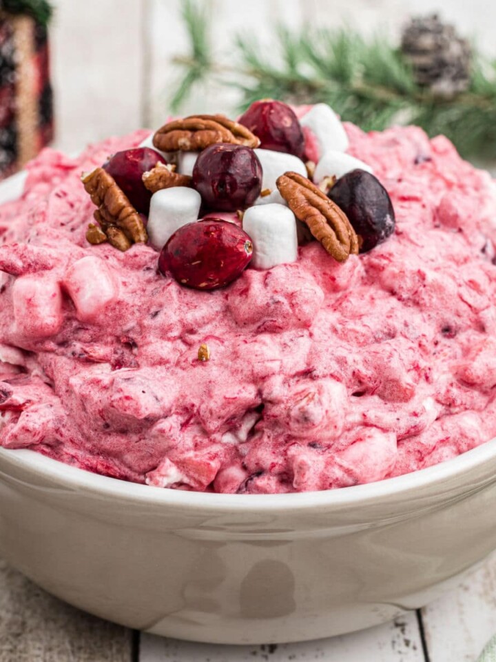 A cropped square image of a bowl of cranberry salad with some cranberries and marshmallows on top.